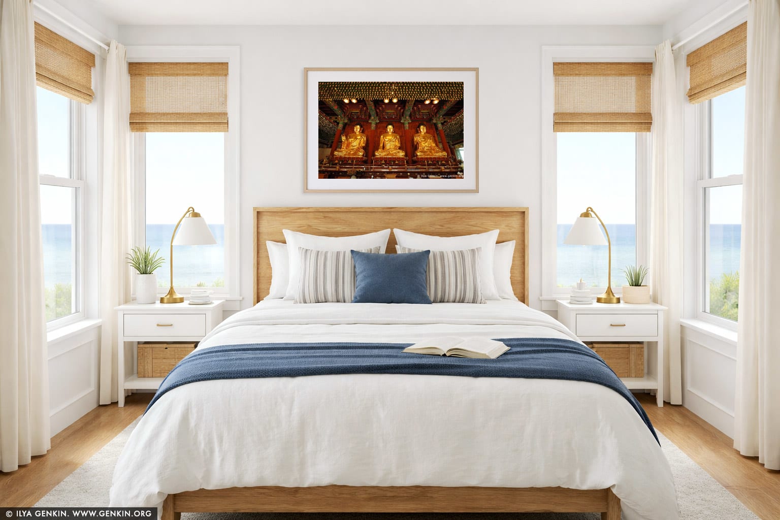 Three Golden Buddha Statues Inside Jogyesa Temple in Seoul, South Korea wall art in a bedroom interior