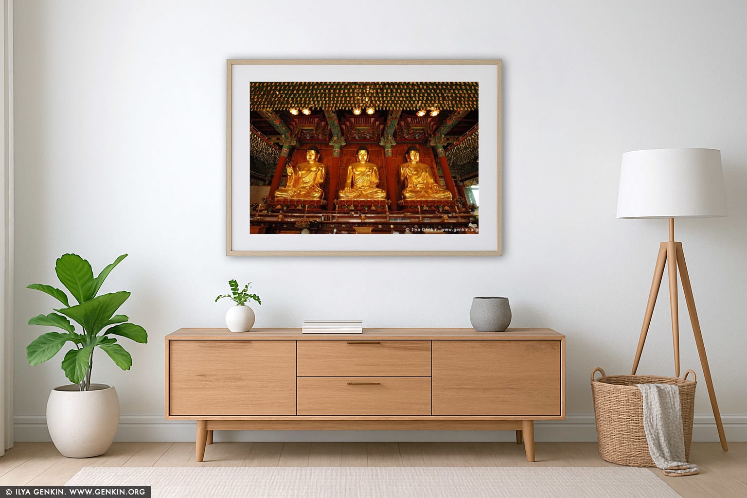 Three Golden Buddha Statues Inside Jogyesa Temple in Seoul, South Korea wall art in a modern living room interior