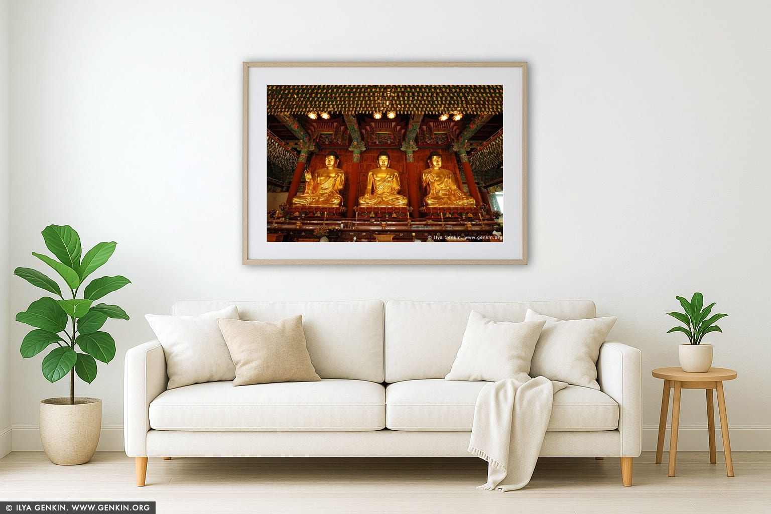 Three Golden Buddha Statues Inside Jogyesa Temple in Seoul, South Korea wall art in a minimalist living room interior