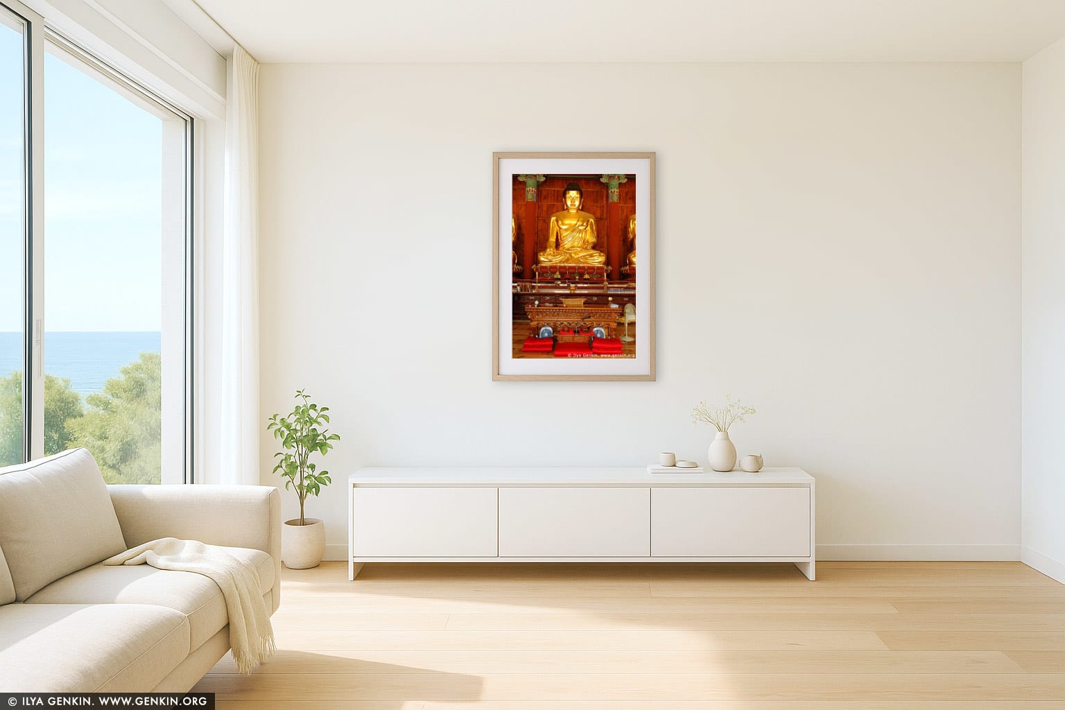 Golden Buddha Statue Inside Jogyesa Temple in Seoul, South Korea wall art in a modern living room interior
