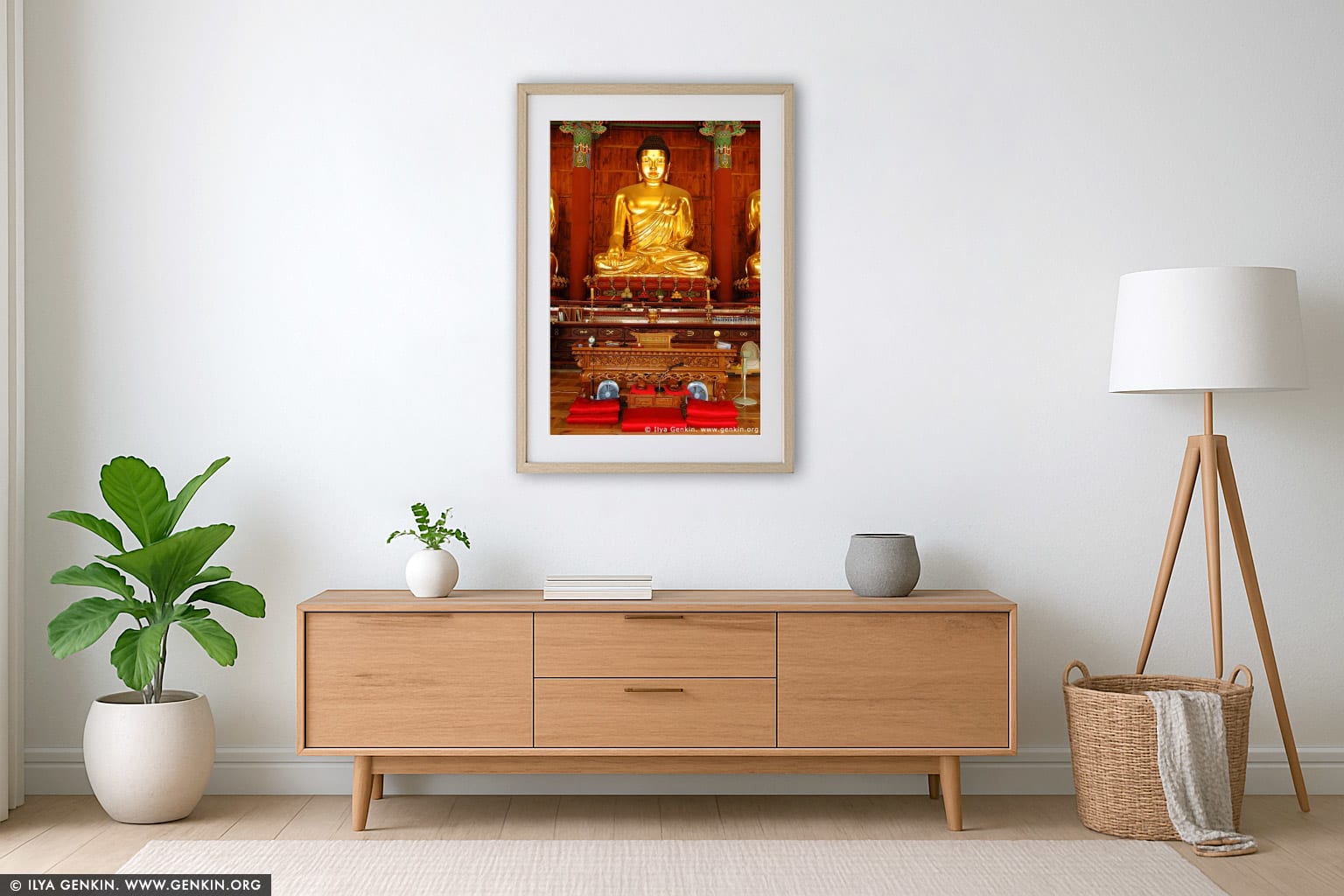 Golden Buddha Statue Inside Jogyesa Temple in Seoul, South Korea wall art in a contemporary living room interior