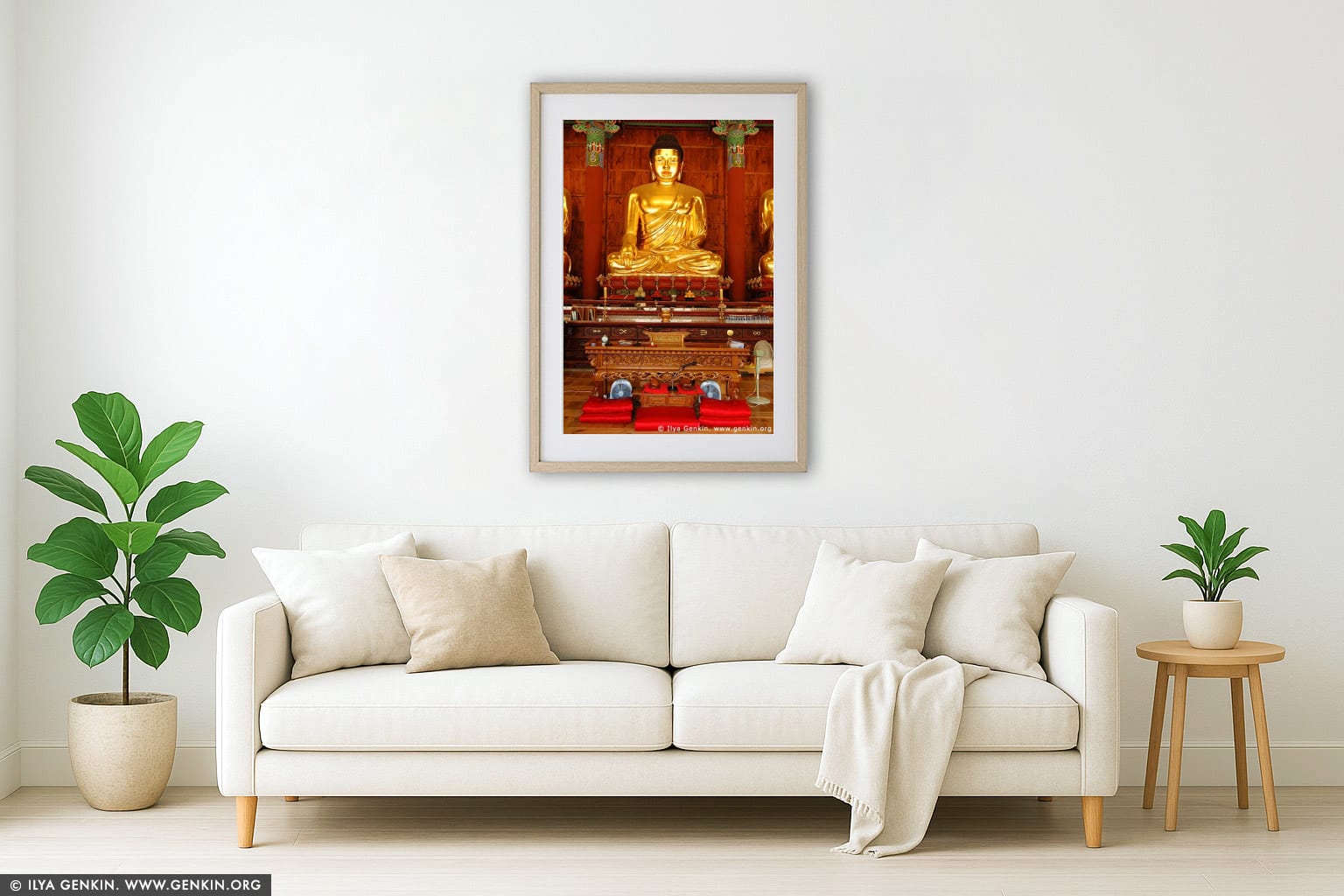 Golden Buddha Statue Inside Jogyesa Temple in Seoul, South Korea wall art in a luxury living room interior