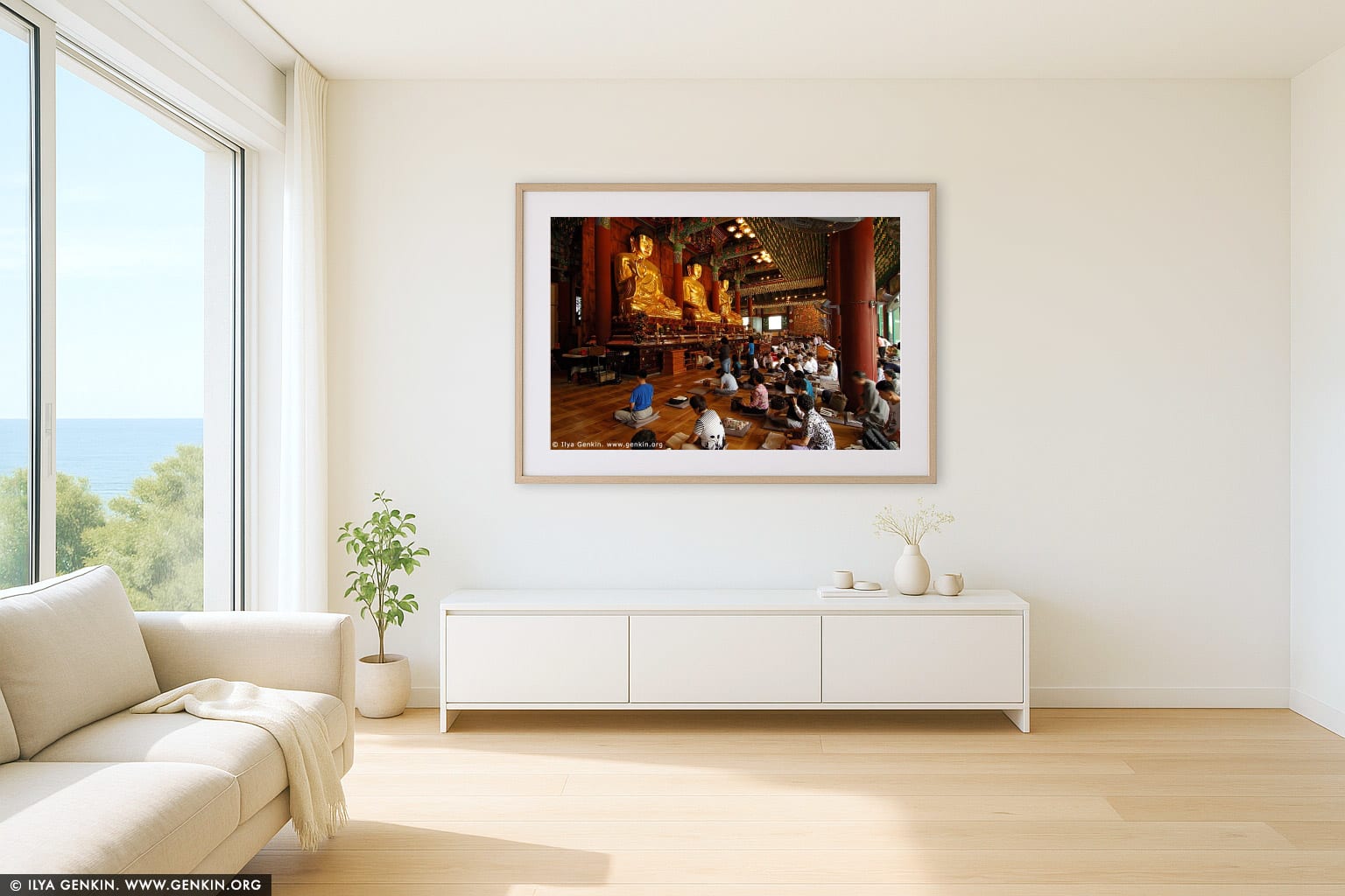 In Prayer for Buddha Inside Jogyesa Temple in Seoul, South Korea wall art in a contemporary living room interior