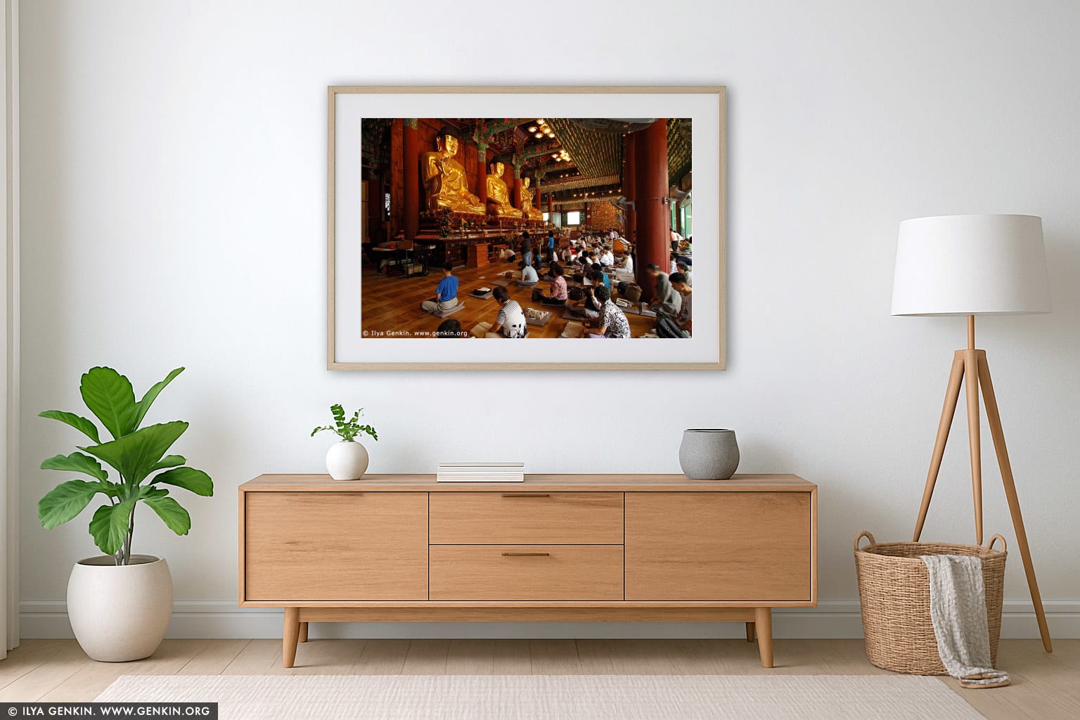 In Prayer for Buddha Inside Jogyesa Temple in Seoul, South Korea wall art in a minimalist living room interior