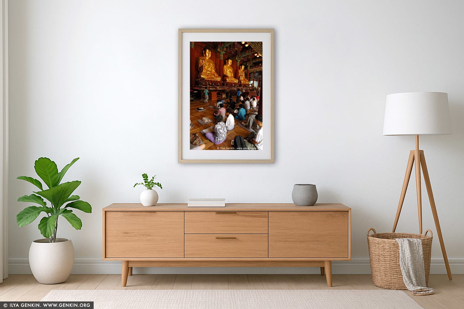 In Prayer for Buddha Inside Jogyesa Temple in Seoul, South Korea wall art in a modern living room interior