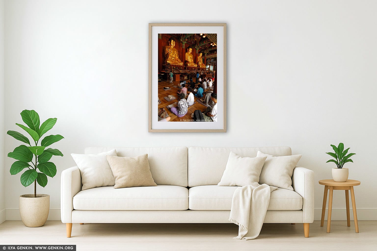 In Prayer for Buddha Inside Jogyesa Temple in Seoul, South Korea wall art in a minimalist living room interior