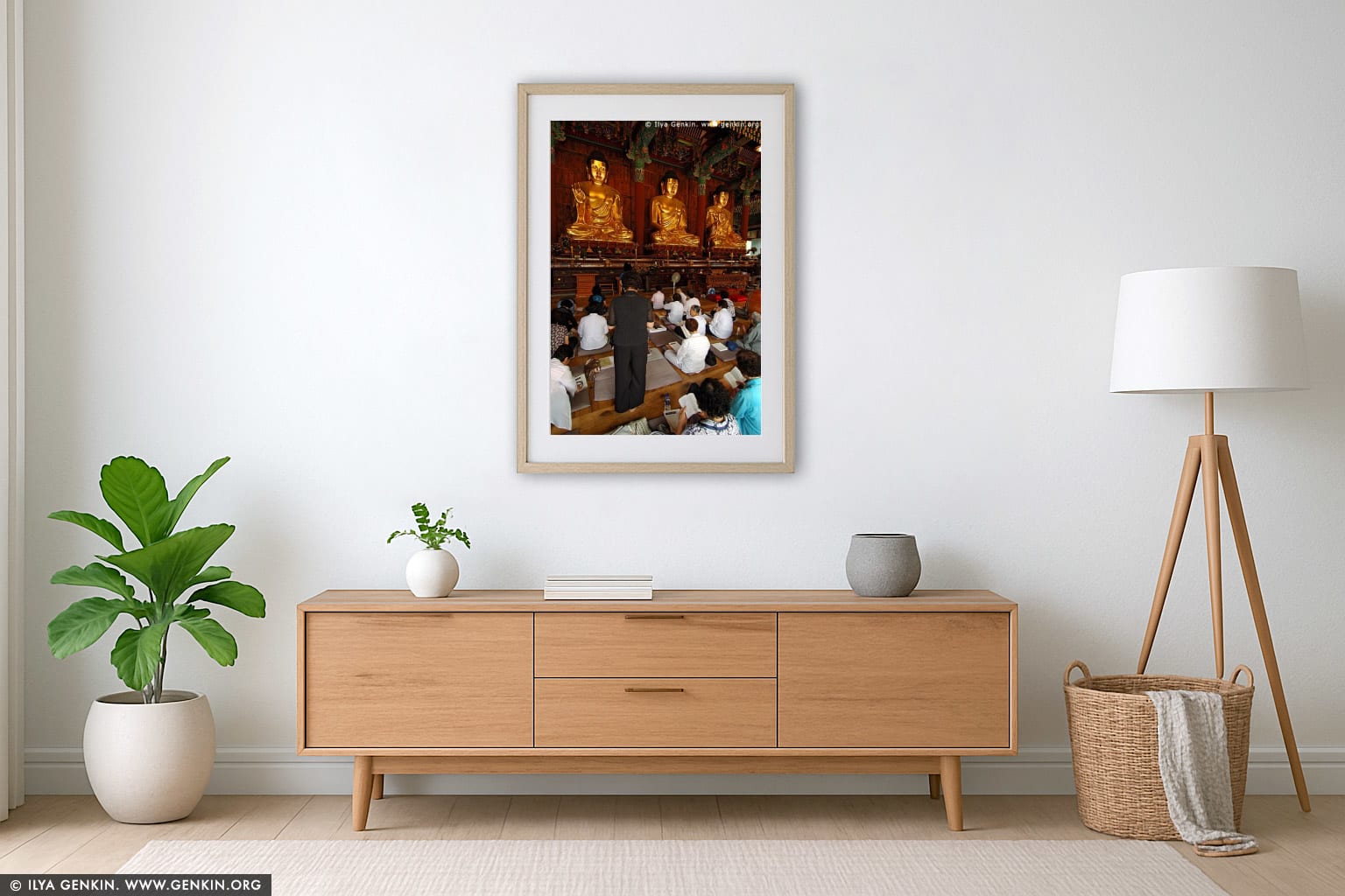 In Prayer for Buddha Inside Jogyesa Temple in Seoul, South Korea wall art in a contemporary living room interior