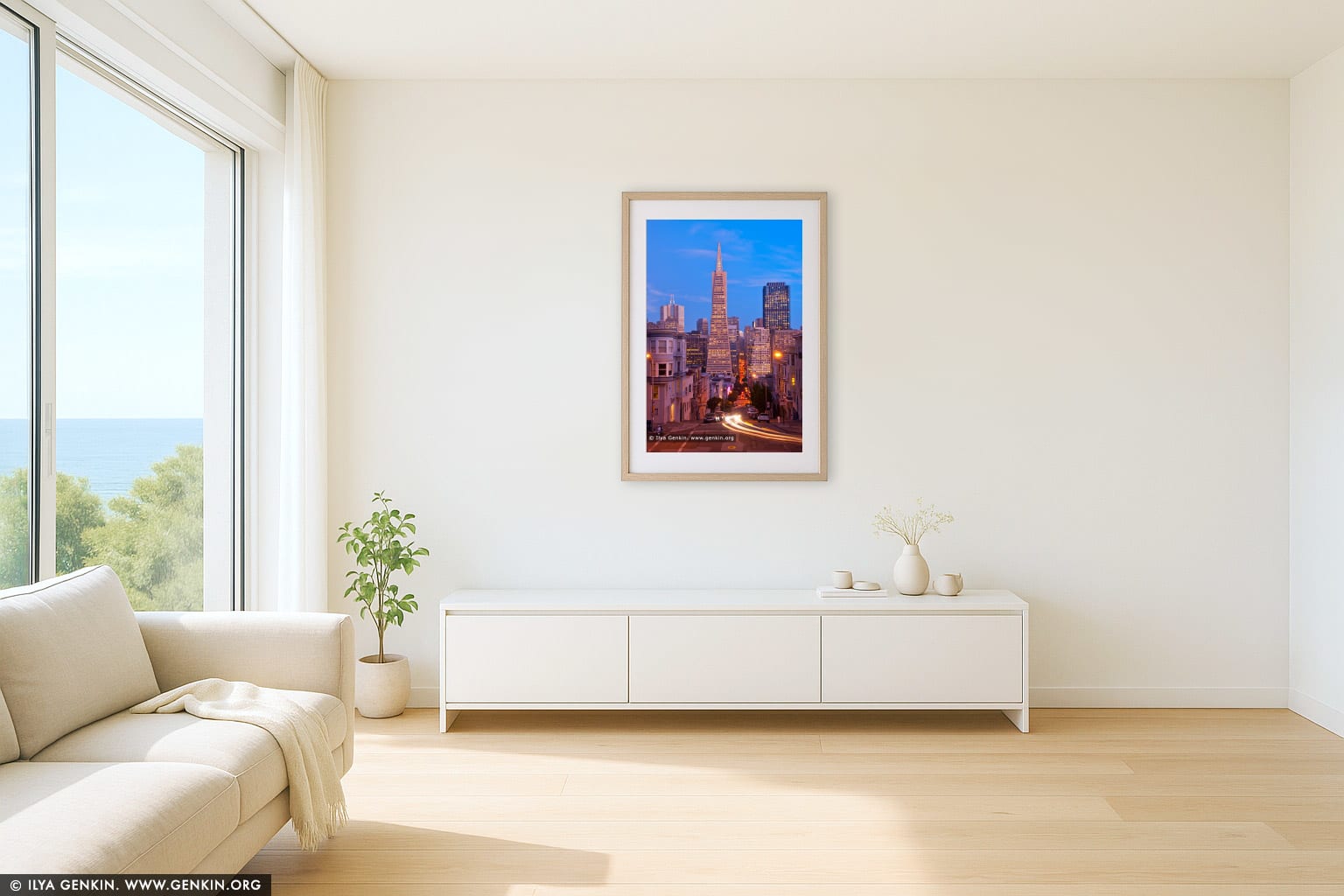Transamerica Pyramid at Dusk wall art in a contemporary living room interior