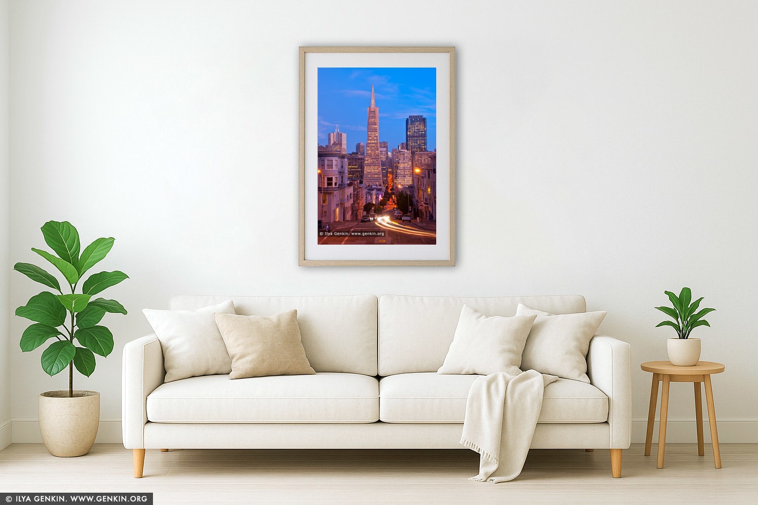 Transamerica Pyramid at Dusk wall art in a modern living room interior