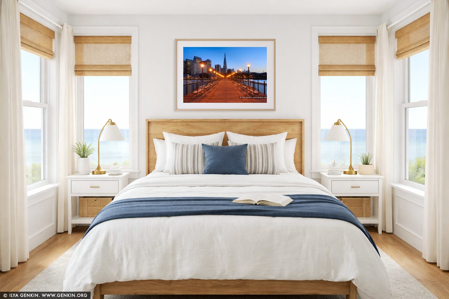 Pier 7 and Transamerica Pyramid in the Evening wall art in a bedroom interior