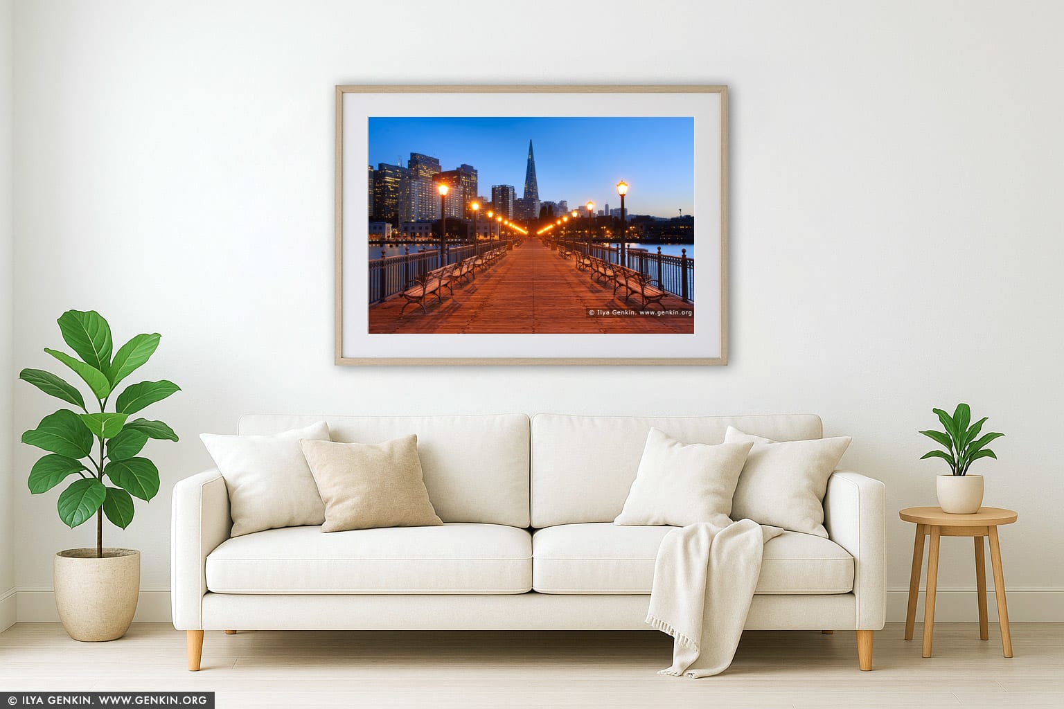 Pier 7 and Transamerica Pyramid in the Evening wall art in a contemporary living room interior