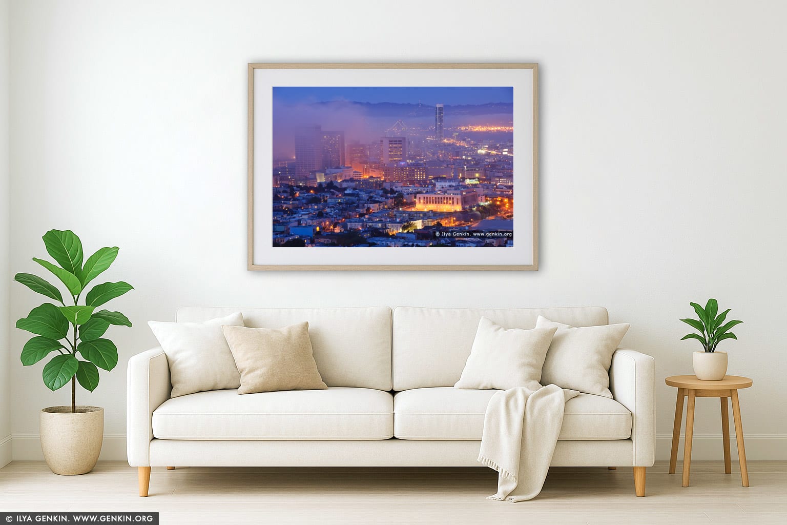 San Francisco in Fog wall art in a minimalist living room interior