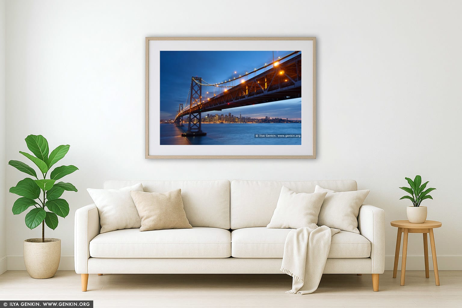 Oakland Bay Bridge at Sunset wall art in a modern living room interior