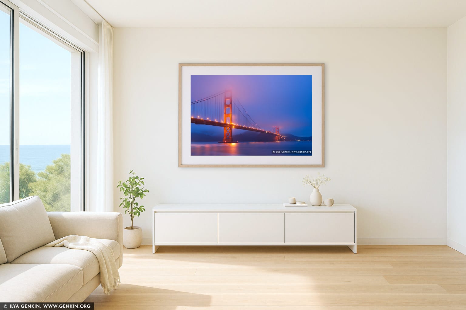 The Golden Gate Bridge Early in the Morning wall art in a contemporary living room interior