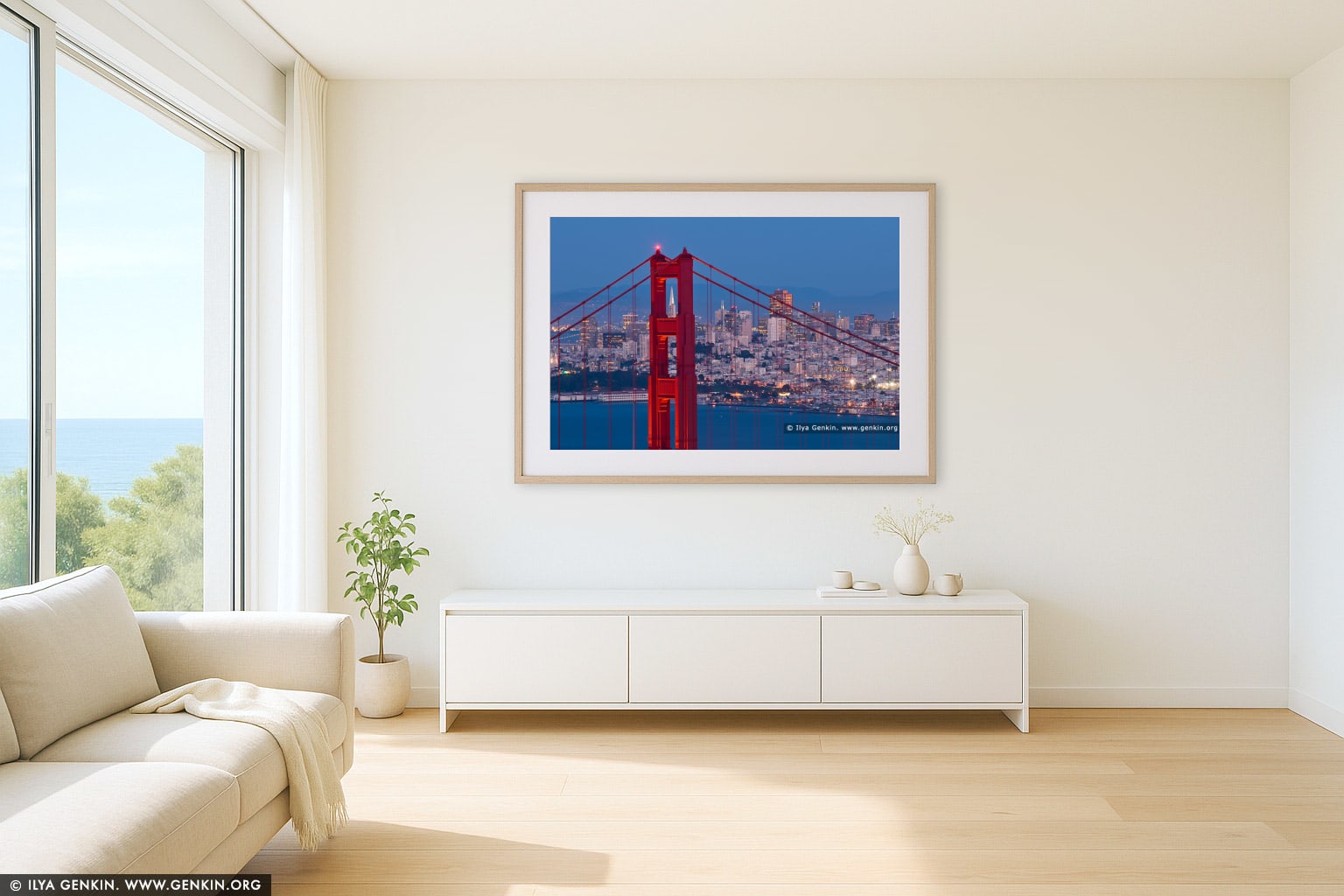 Thread the Needle - The Golden Gate Bridge wall art in a minimalist living room interior