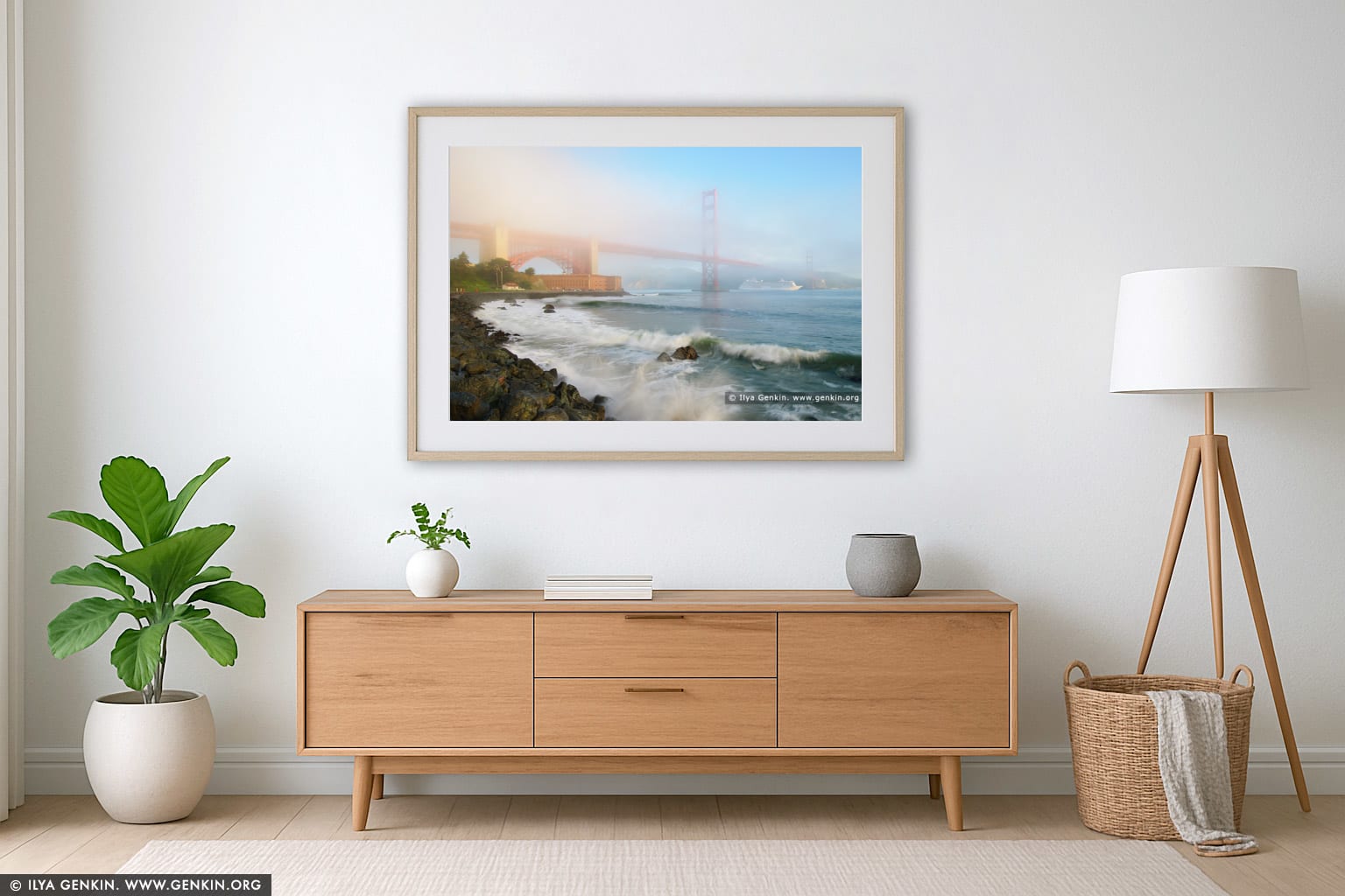 The Golden Gate Bridge in Fog at Sunrise wall art in a modern living room interior