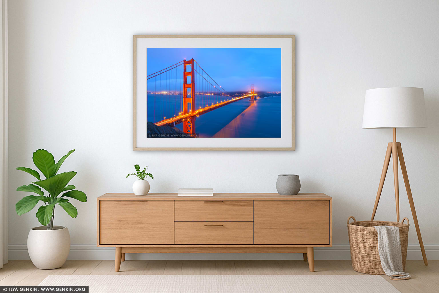 The Golden Gate Bridge after Sunset wall art in a minimalist living room interior