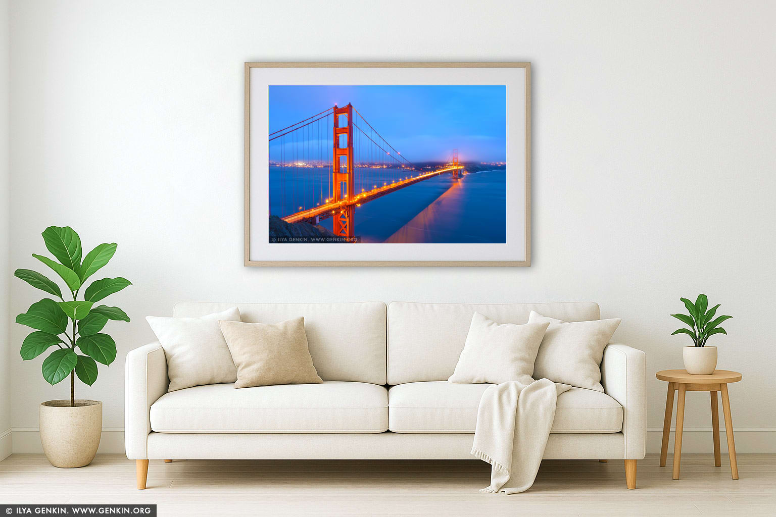 The Golden Gate Bridge after Sunset wall art in a modern living room interior