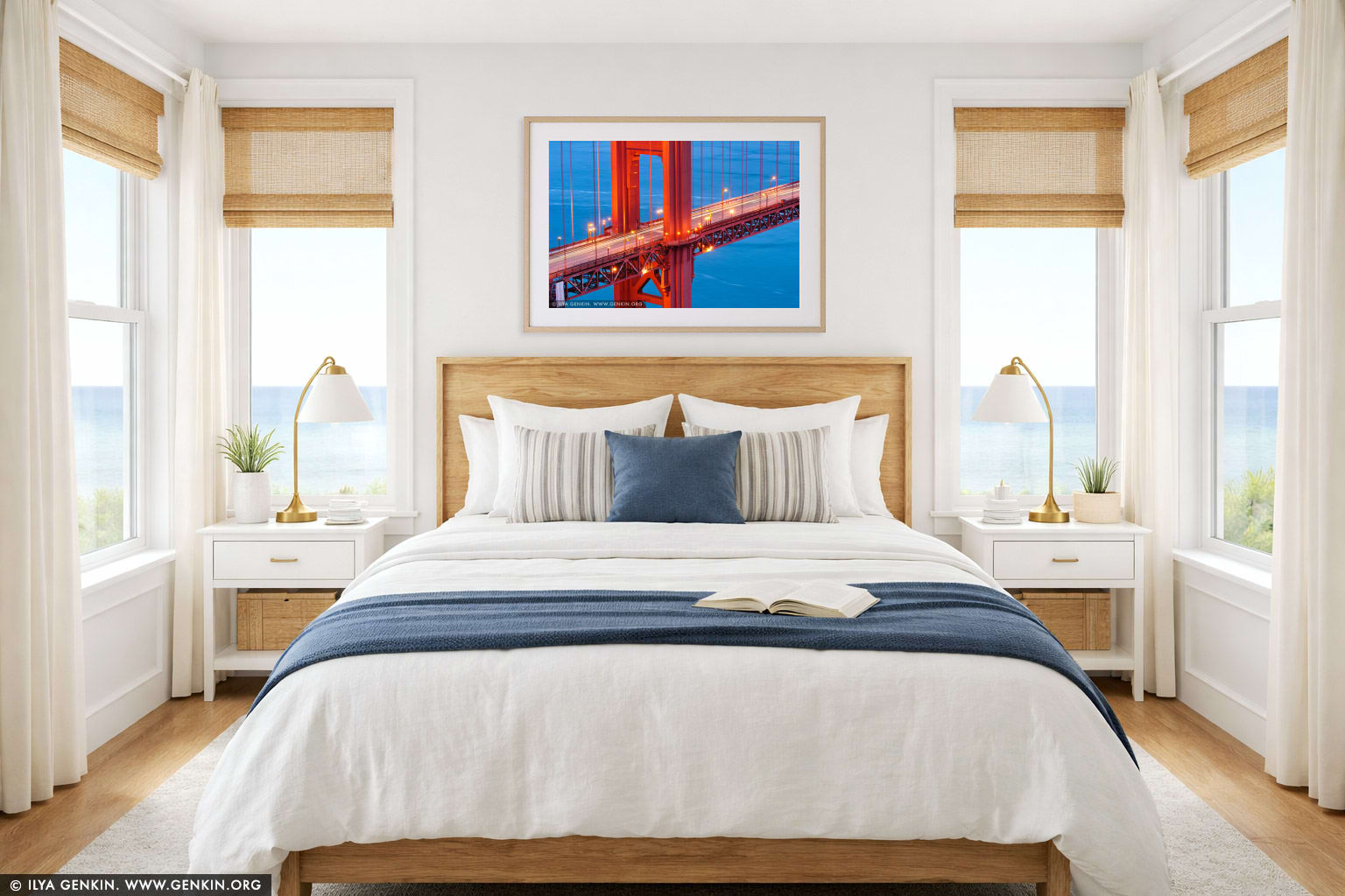 Close-up View of The Golden Gate Bridge wall art in a bedroom interior