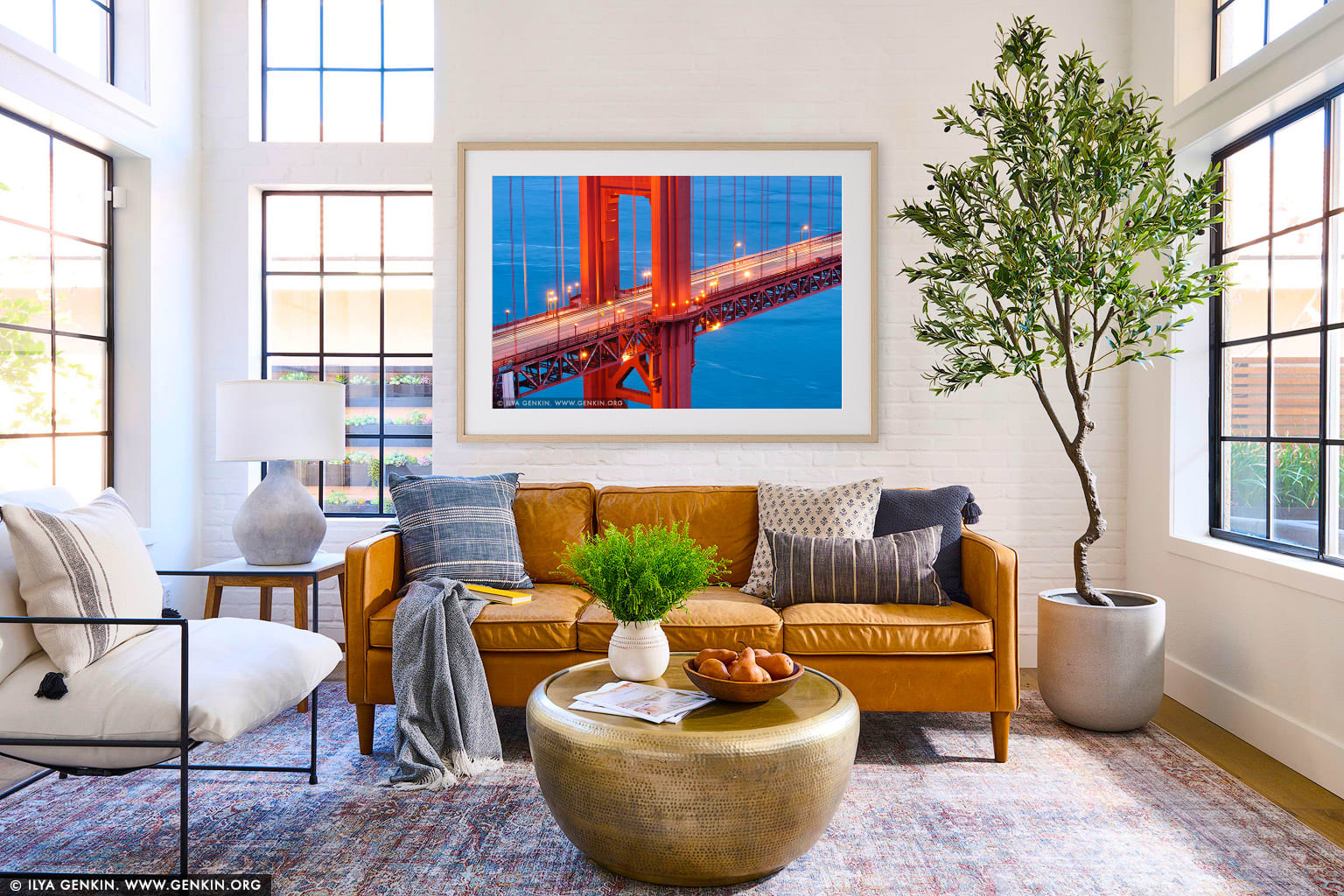 Close-up View of The Golden Gate Bridge wall art in a minimalist living room interior