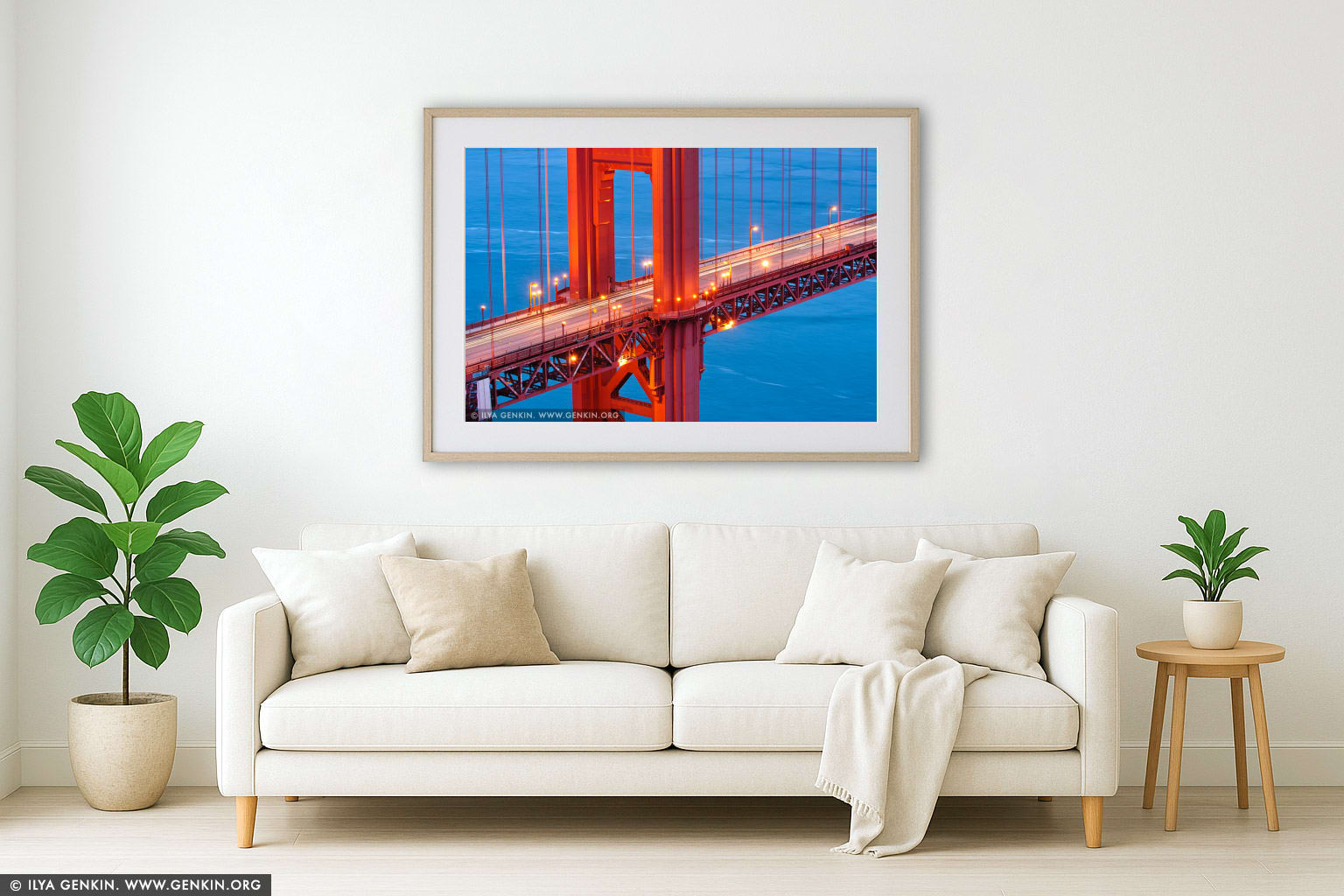 Close-up View of The Golden Gate Bridge wall art in a contemporary living room interior