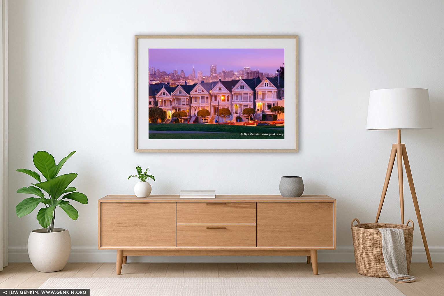 The Painted Ladies at Dusk wall art in a minimalist living room interior