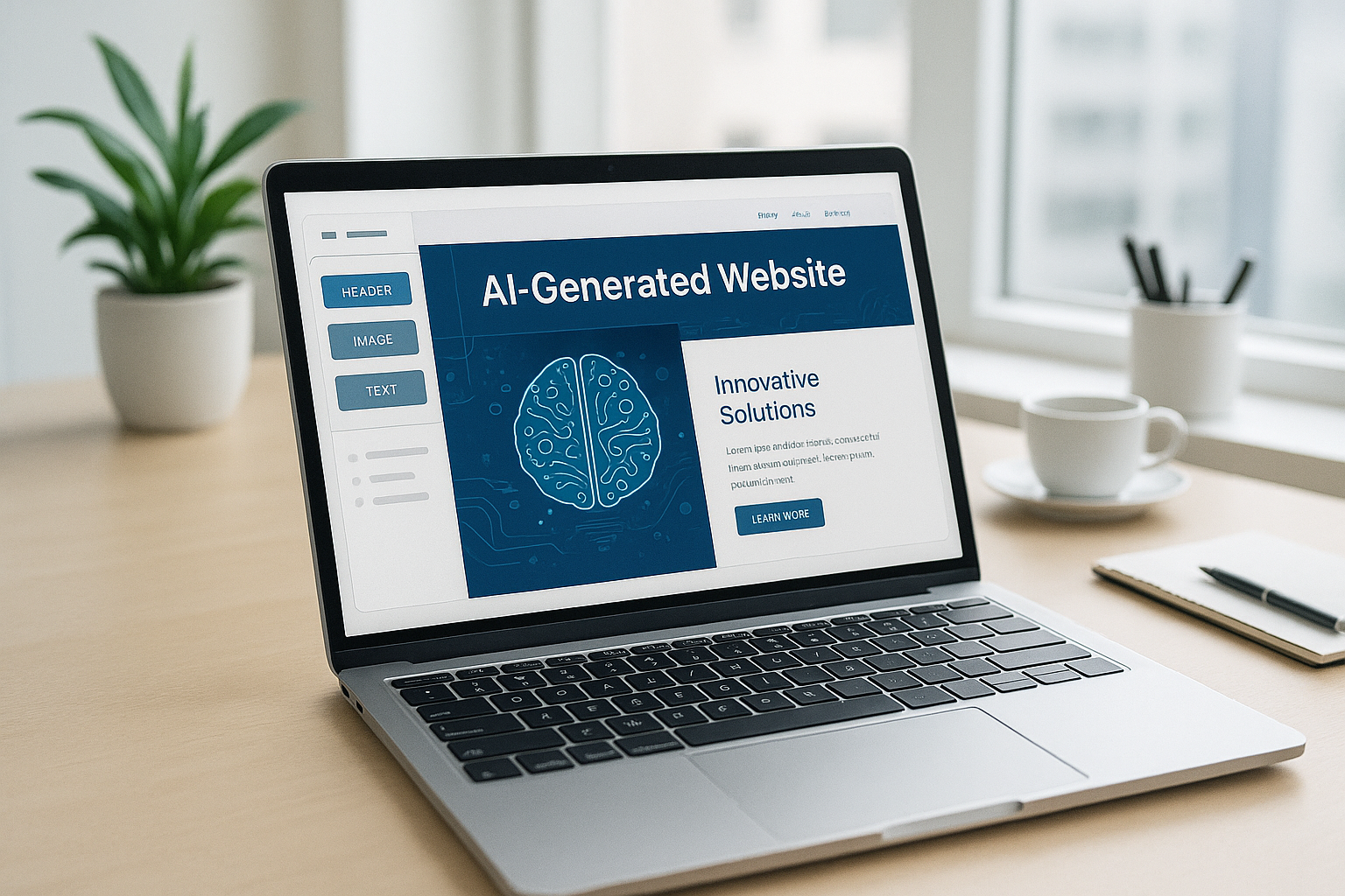 Een moderne werkplek met een laptop waarop een AI-gegenereerde website wordt gebouwd, in een lichte, professionele stijl, gericht op innovatie en technologie.
