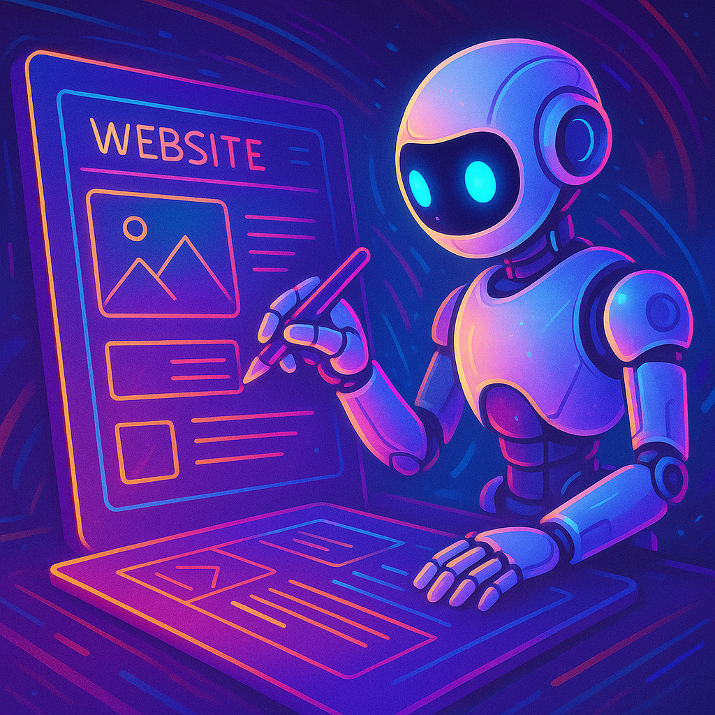 Illustratie van een AI-robot die een websiteontwerp schetst op een digitaal canvas, futuristisch en kleurrijk, met focus op creativiteit en automatisering.