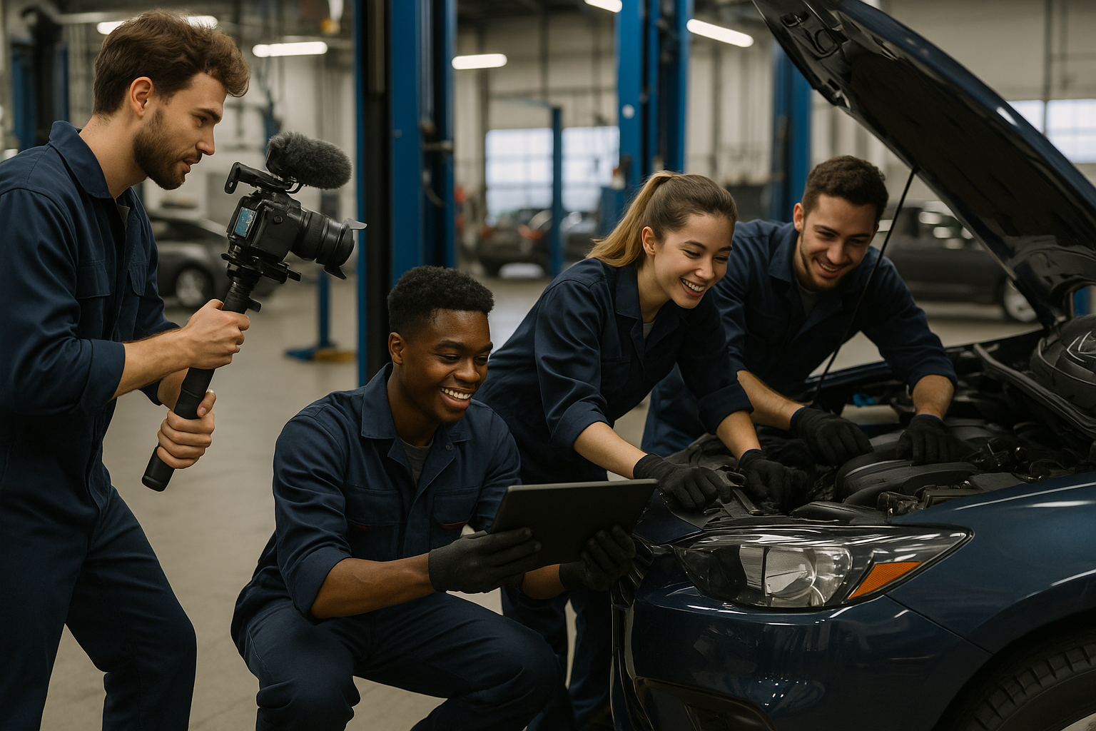 Authentieke werkvloer video-opname van jonge monteurs in actie in een moderne garage, dynamisch en energiek, met focus op teamwork en technologie, voor recruitmentdoeleinden.