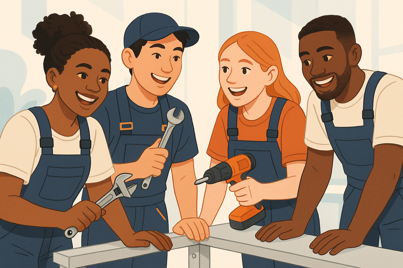 Illustratie van een inclusieve werkcultuur, montage van diverse jonge monteurs die samenwerken met glimlachen, in een lichte, moderne stijl passend bij jonge doelgroepen.