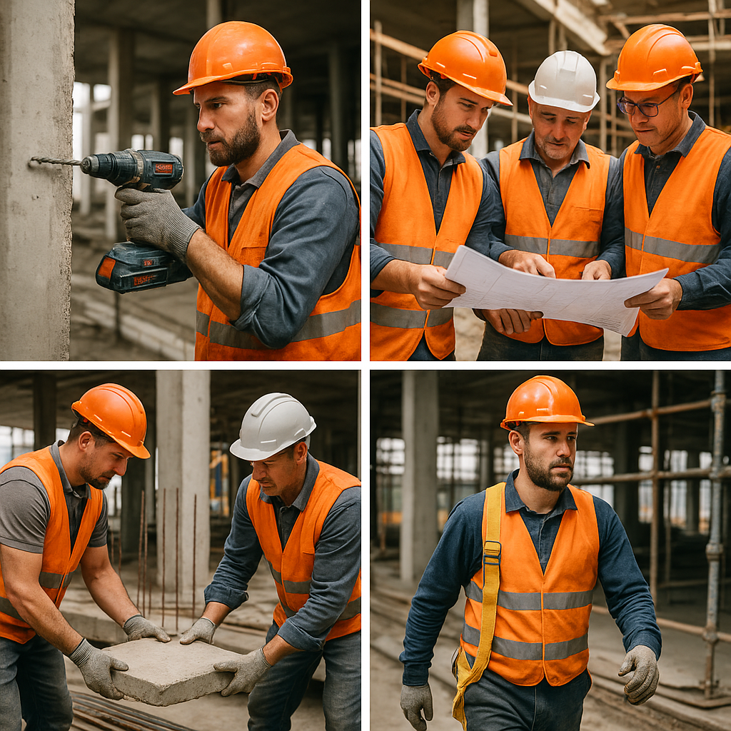 Collage van verschillende authentieke werkplekfoto's die vakmanschap, teamwork en veiligheid tonen op een bouwplaats