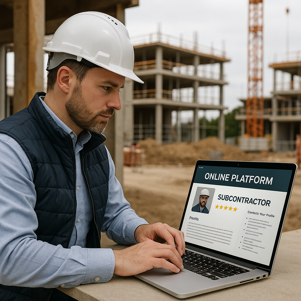 Professionele onderaannemer op bouwlocatie werkt met laptop aan online platform en profiel