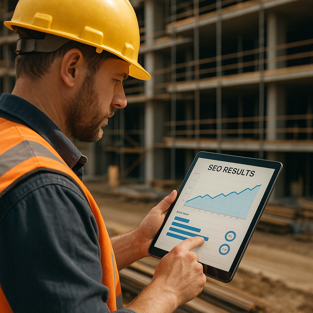 Een professionele bouwvakker die op een bouwplaats een tablet gebruikt, met op het scherm een grafiek die SEO-resultaten toont