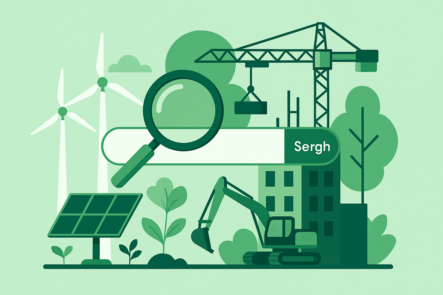 Conceptuele illustratie van duurzame bouwplaats met zonnepanelen, windmolens en een zoekbalk