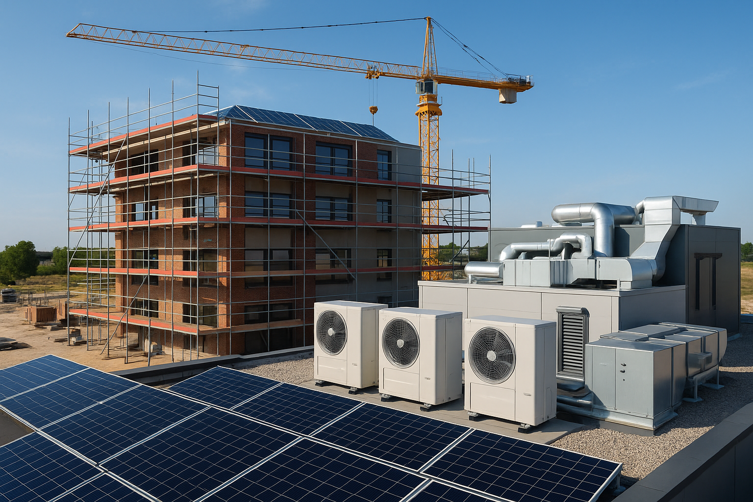 Een moderne bouwplaats gericht op duurzame klimaattechniek, met zichtbaar zonnepanelen, warmtepompen en energie-efficiënte HVAC-installaties