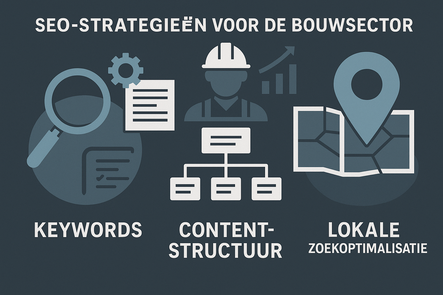 Technische grafiek die SEO-strategieën visualiseert voor de bouwsector met nadruk op keywords, contentstructuur en lokale zoekoptimalisatie