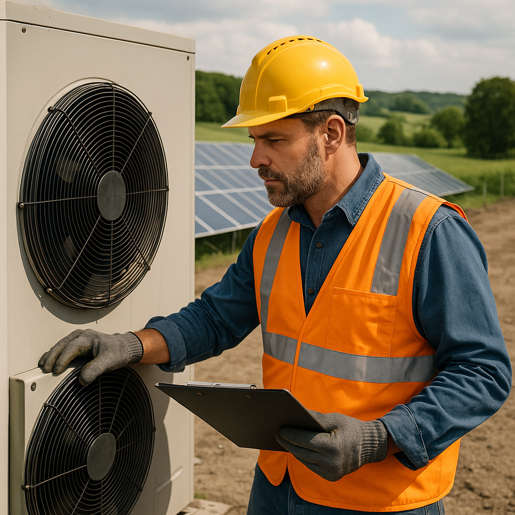 Een professionele bouwvakker die duurzaam klimaattechniekapparatuur inspecteert op een bouwplaats met zonnepanelen en groen landschap