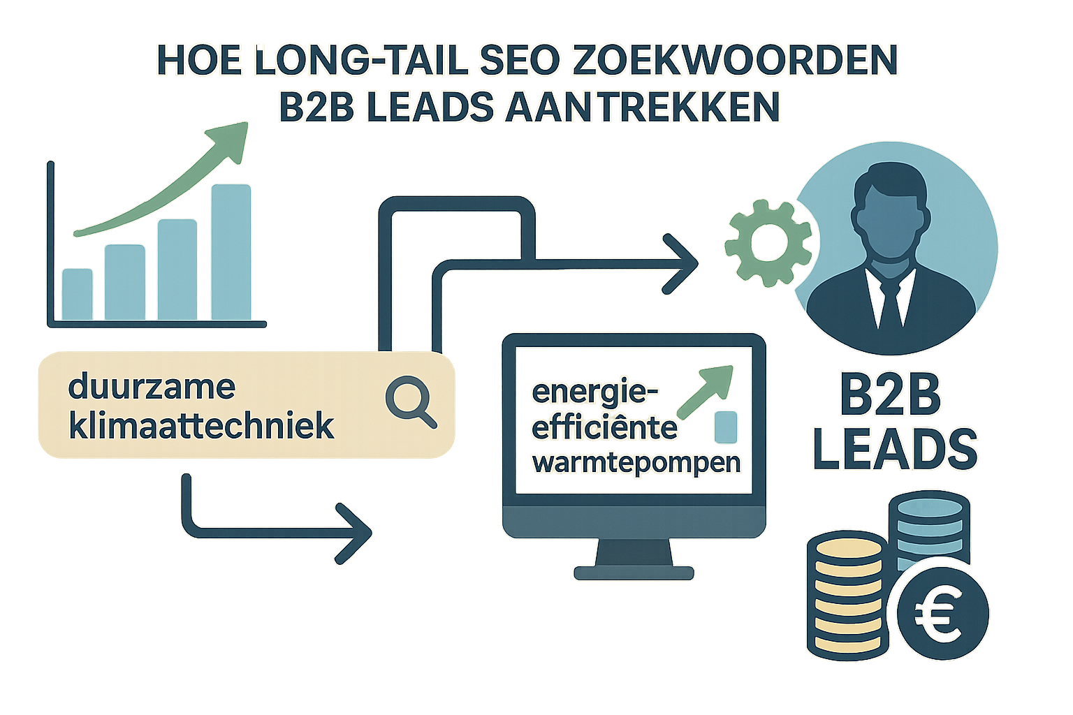 Infographic met long-tail SEO zoekwoorden voor duurzame klimaattechniek en energie-efficiënte warmtepompen