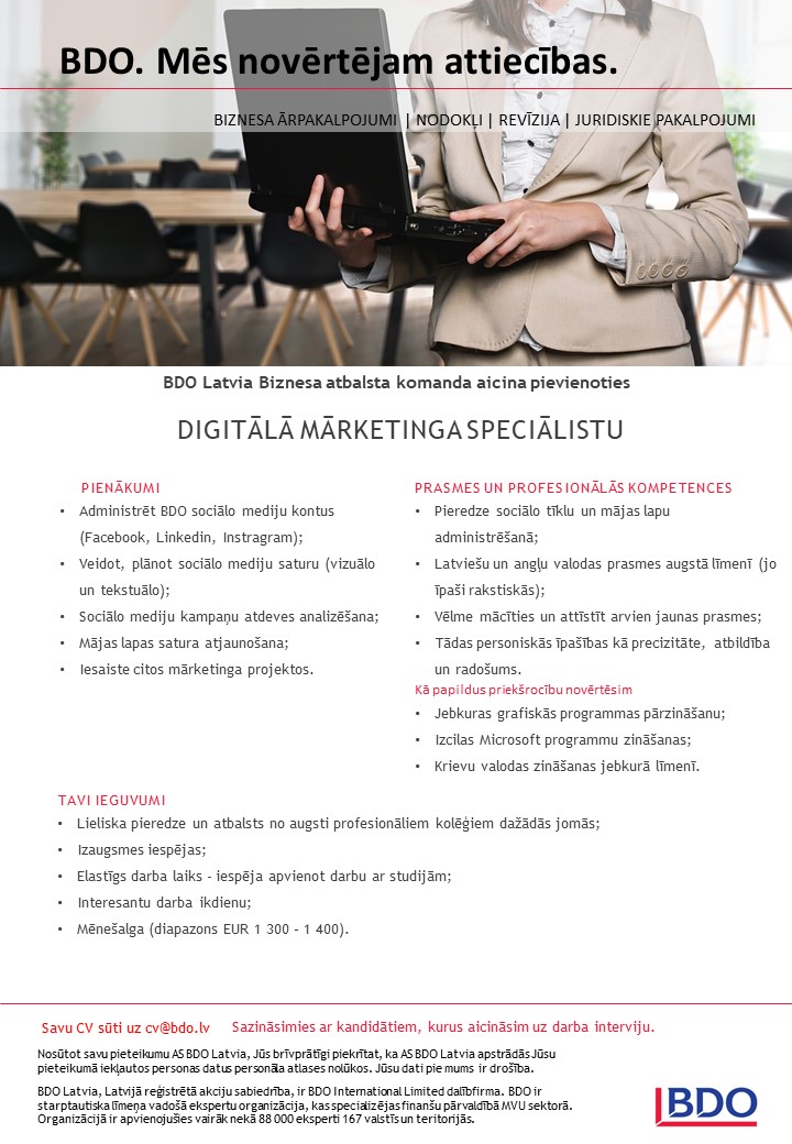 Digitālā mārketinga speciālists/ -e Job at AS BDO Latvia in Riga, Riga | Your Move