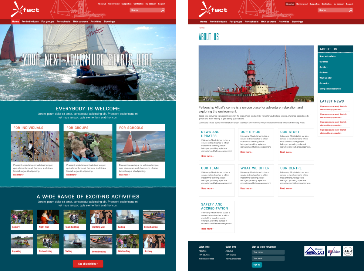 Design mockups showing a section of the homepage and a second-level page.