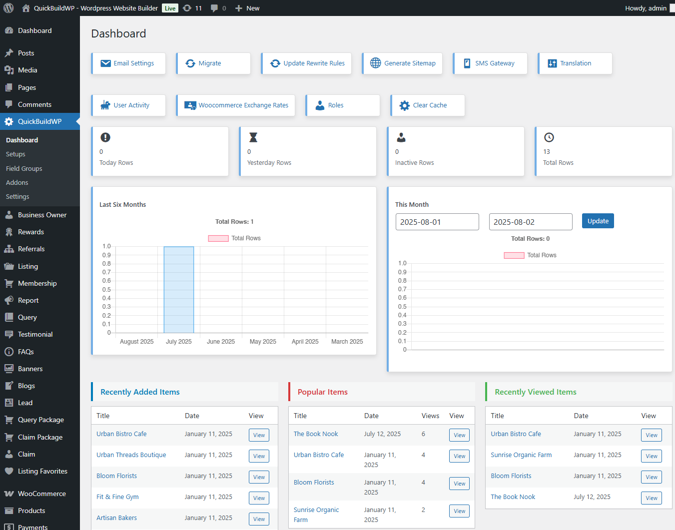 QuickBuildWP Dashboard Interface