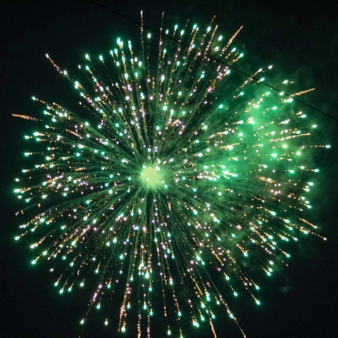 Grün-goldene Feuerwerke explodieren vor einem dunklen Nachthimmel.