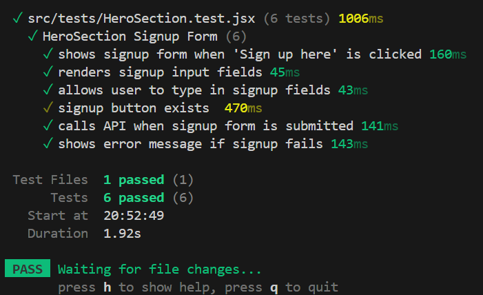 Signup Page Test Results