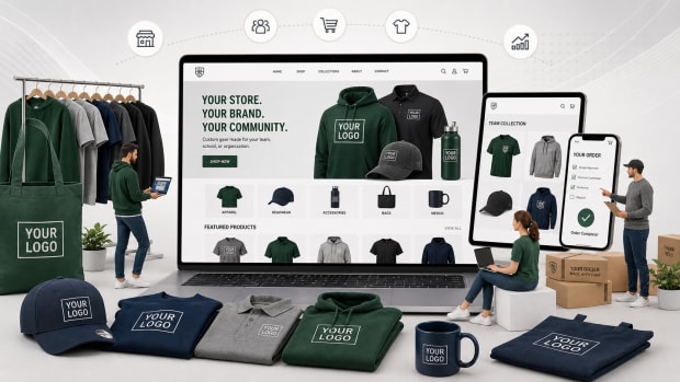Custom gear storefront mockup showing apparel, product categories, and multi-device store previews.
