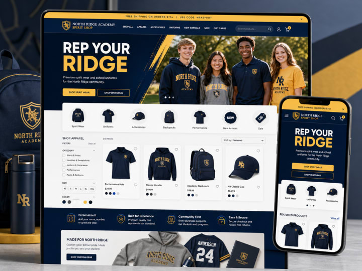North Ridge Academy storefront example with school apparel merchandising.