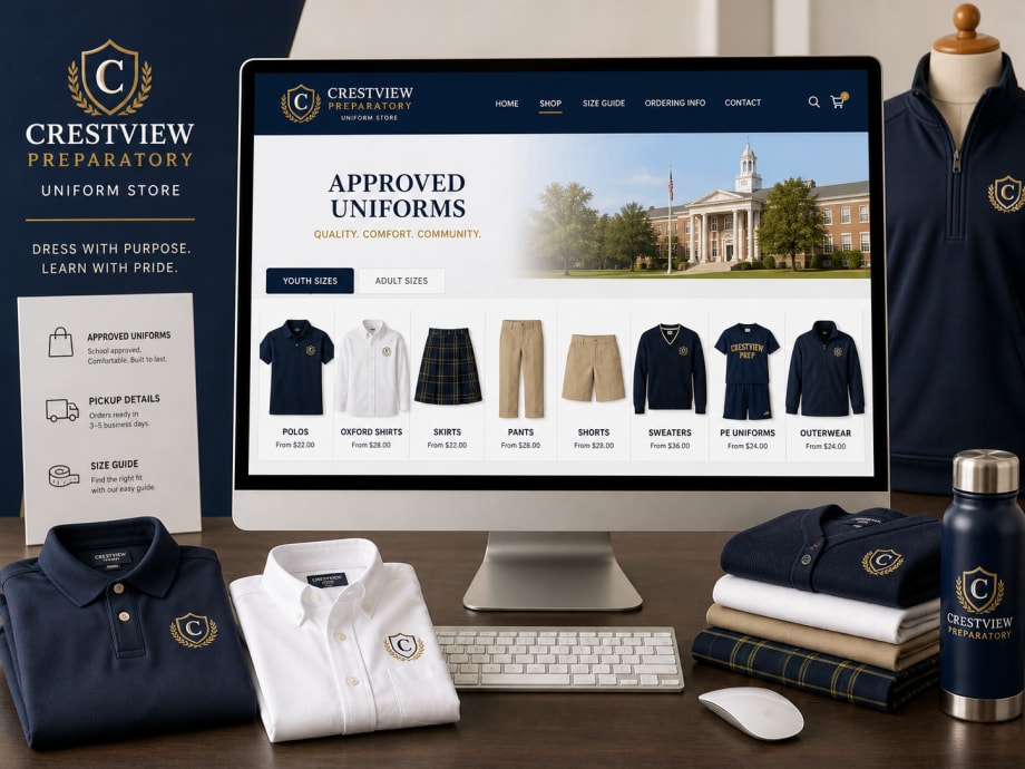 Crestview Prep uniform storefront example with school uniform categories.