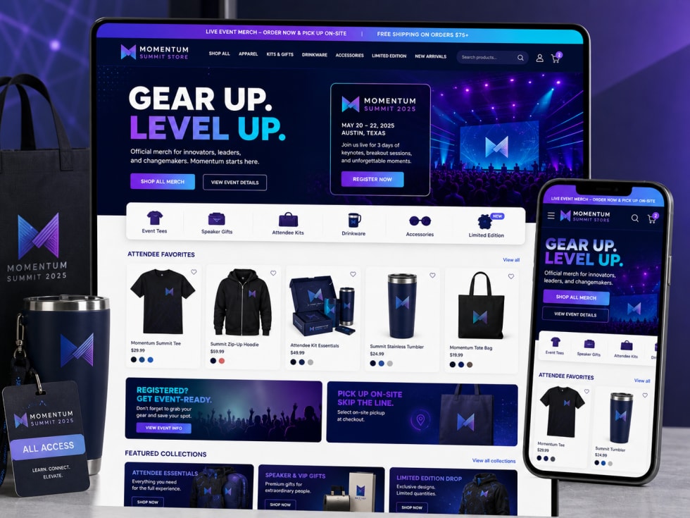 Momentum Summit event merchandise store mockup with bold event branding, desktop, and mobile screens.