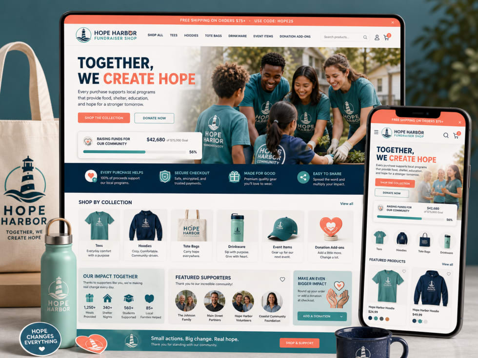 Hope Harbor fundraiser storefront mockup with donation, progress, apparel, and mobile previews.