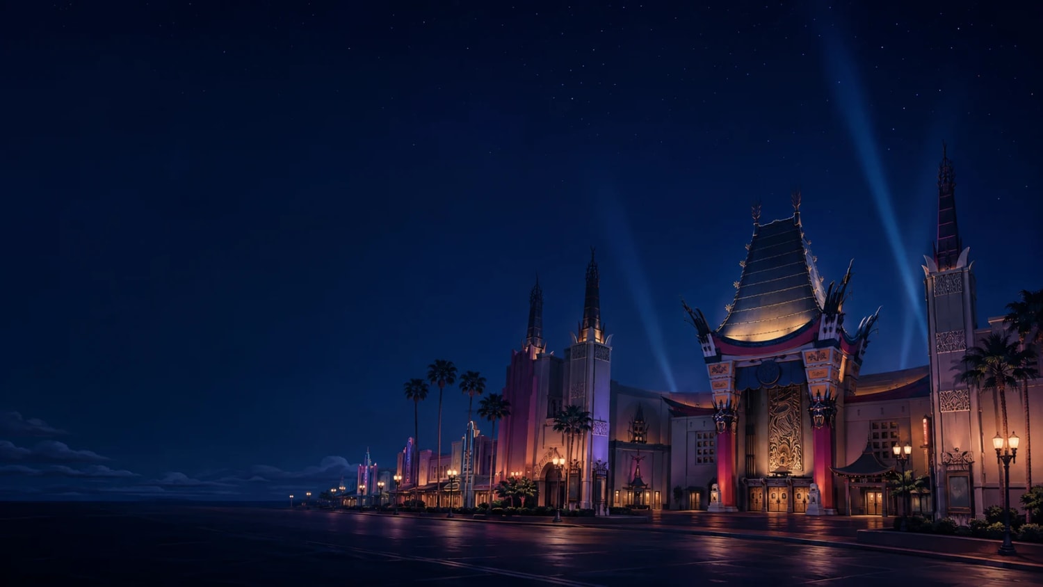Nighttime Spectaculars storefront artwork showing Hollywood Studios at night