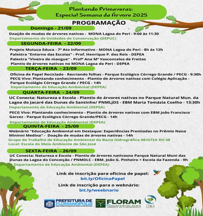 Programação da FLORAM mobiliza escolas com plantios, oficinas e webinário, destacando a importância das árvores e das Unidades de Conservação.